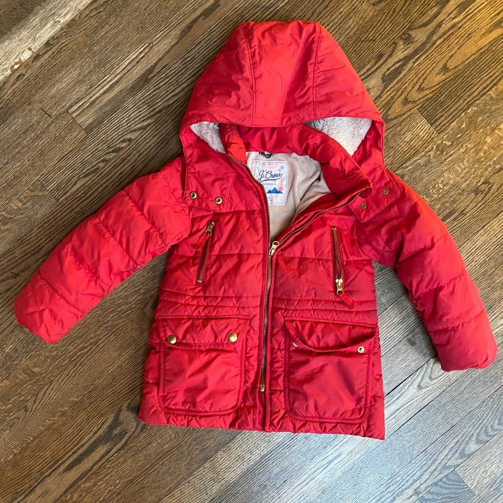 FLASH SALE JCrew Kids Size XS Red warm cozy winter jacket w/ hood + cinch waist.
